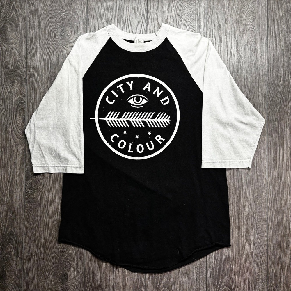 City and Colour Band Shirt Mens Large Black White Raglan 3/4 Sleeve Y2K Alstyle